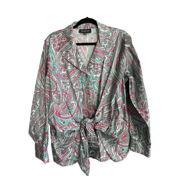 Jones New York Signature Womans Paisley Button Blouse 2X Green Pink Twist Knot - Picture 1 of 5